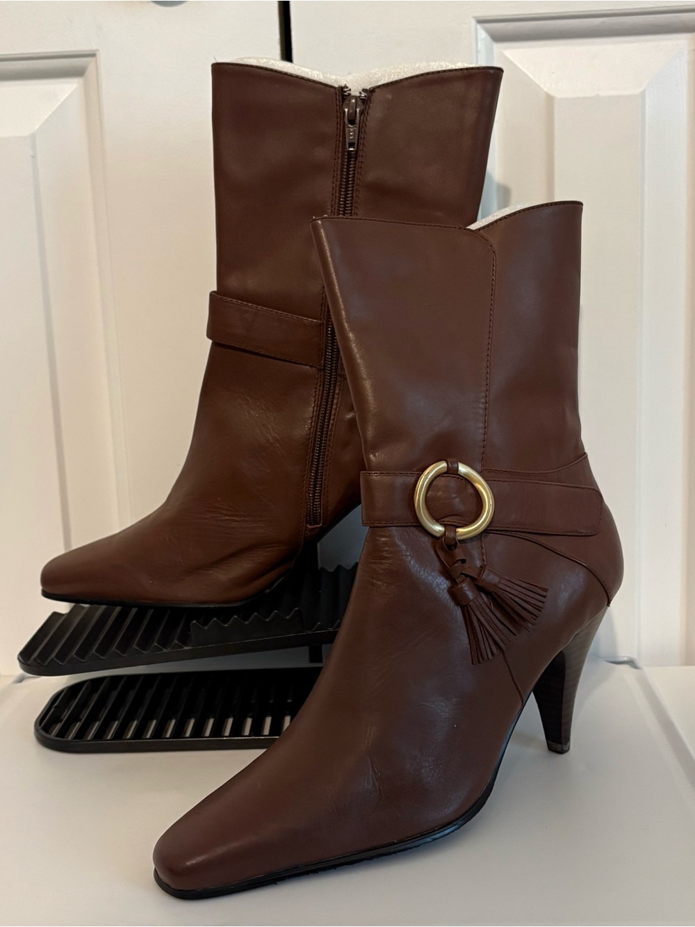 BELLINI, Brown Leather Mid-Calf Heeled Boots with Tassel Accent, Size 10W, NWOB